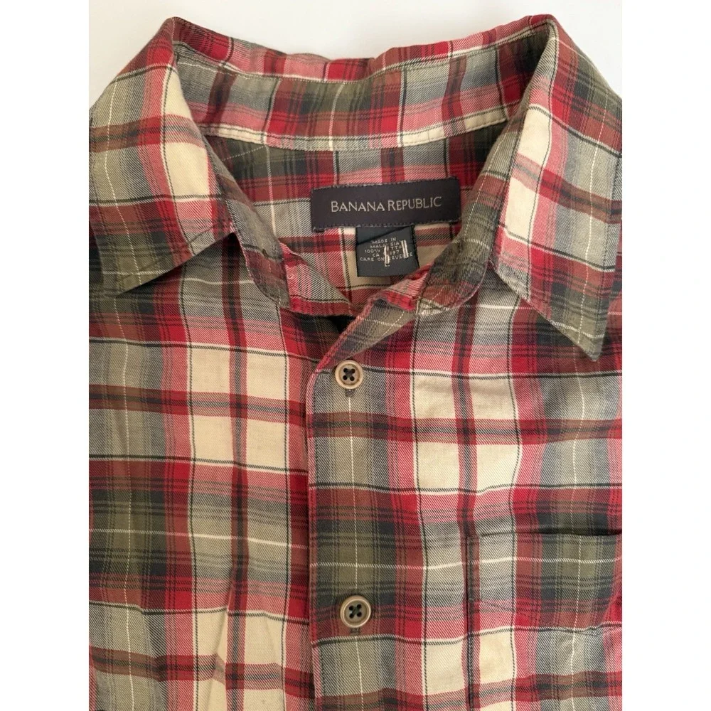 Banana Republic Men Large Shirt Plaid Button Down Cotton Red Green Beige Country